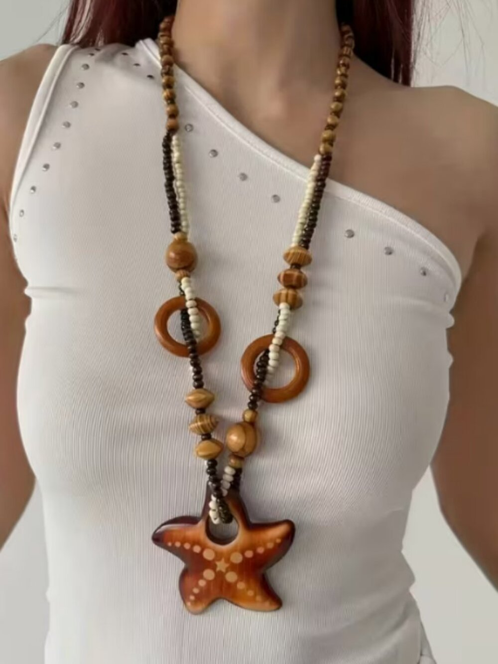 Boho Long Wooden Necklace with Starfish Shaped Pendant - New